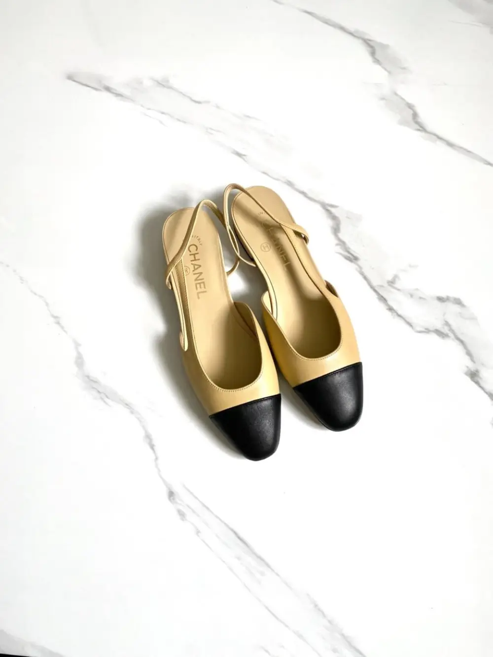 CHANEL FLAT SLINGBACK BEIGE BLACK