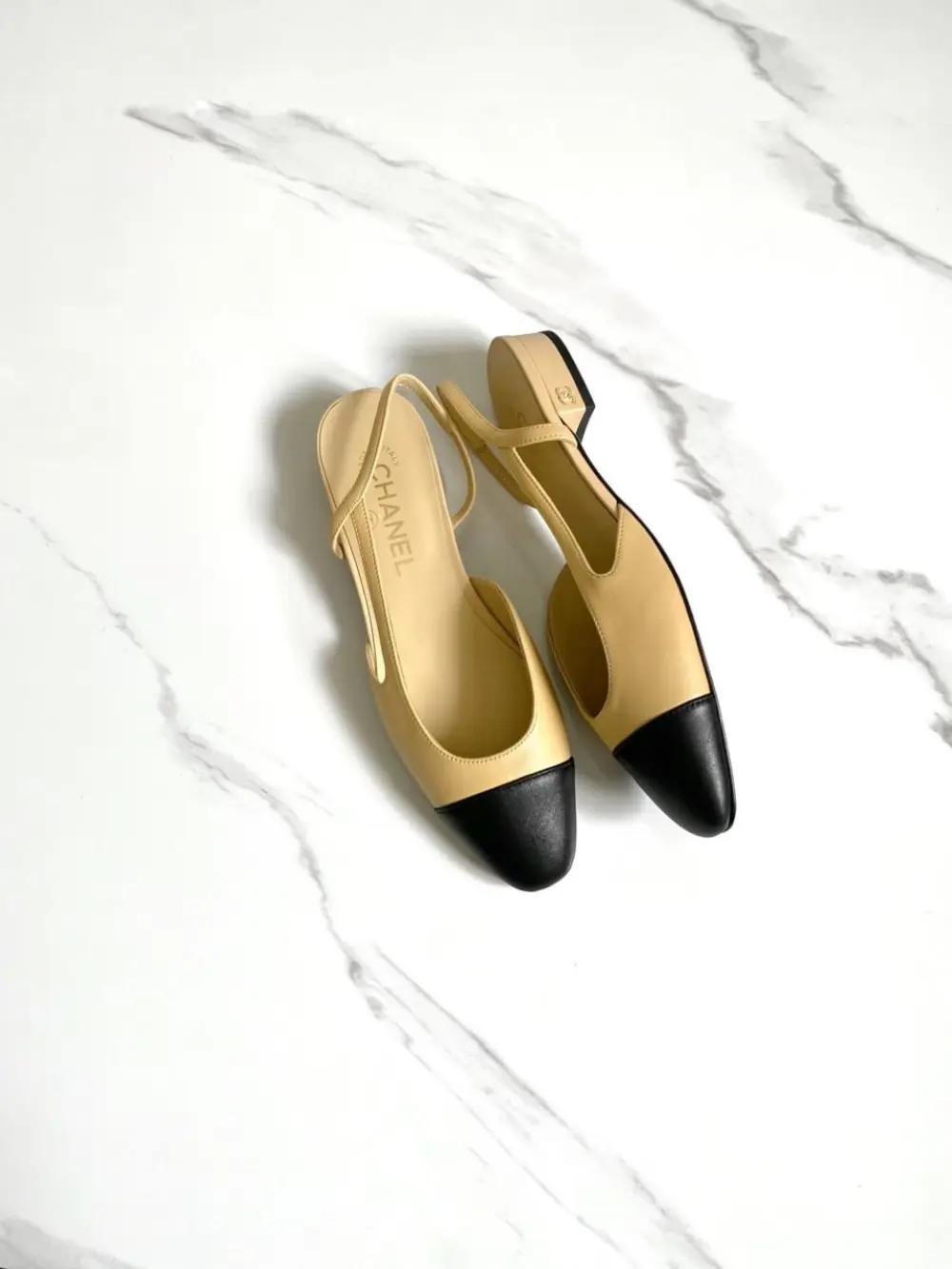 CHANEL FLAT SLINGBACK BEIGE BLACK