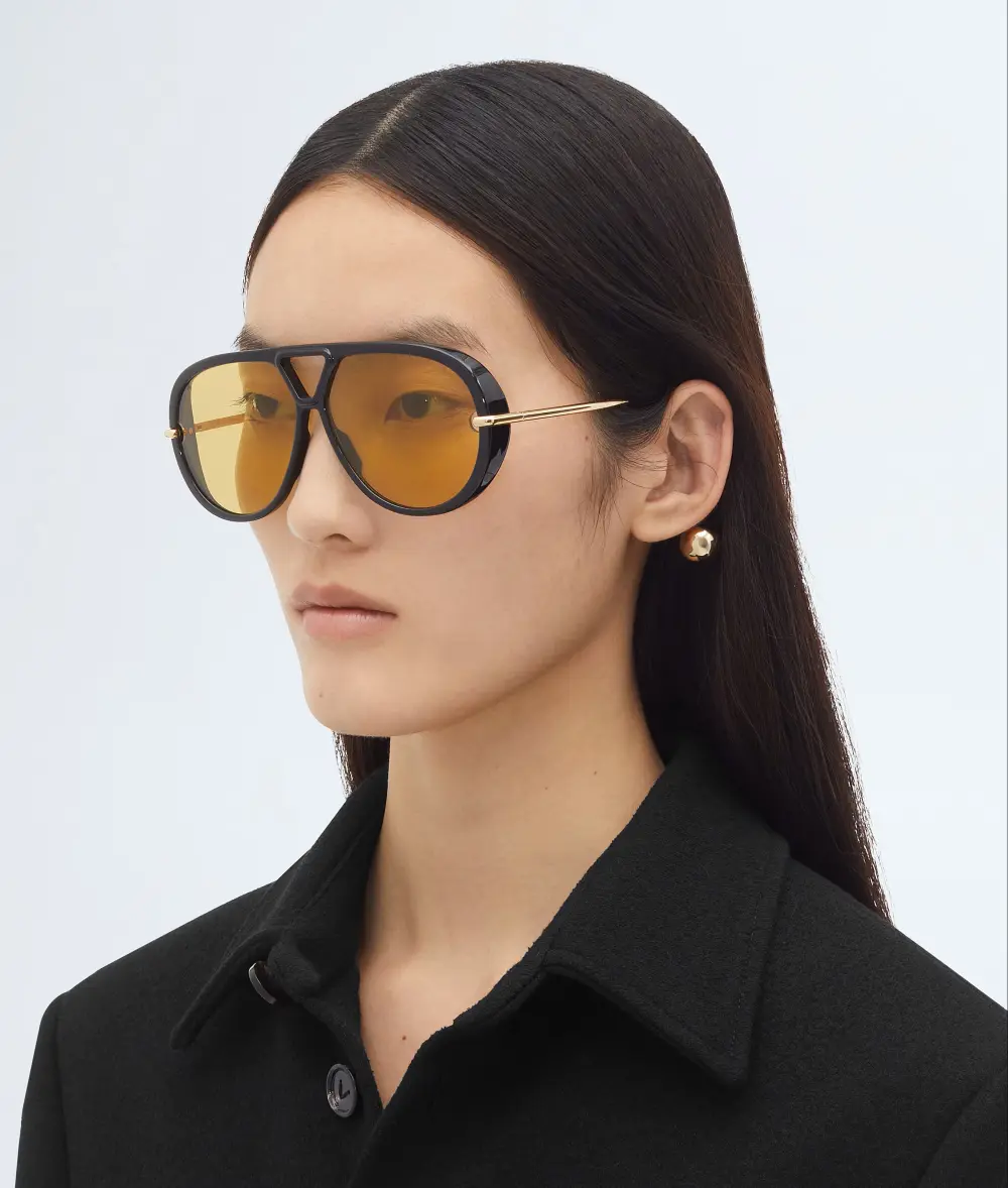 BOTTEGA VENETA BV DROP AVIATOR SUNGLASSES BLACK YELLOW GHW