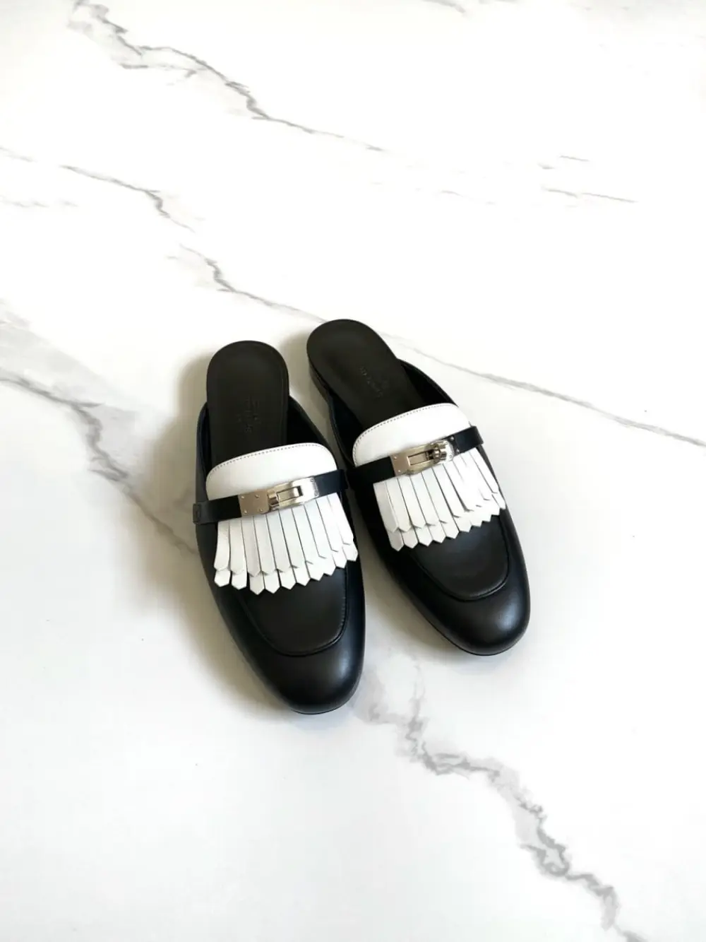 HERMES OZ MULES BLACK FRINGE WHITE PHW