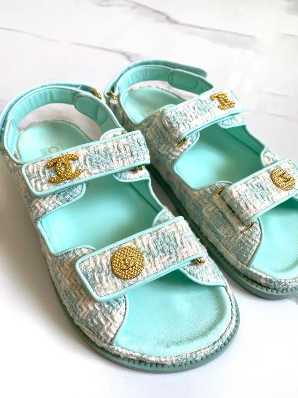 CHANEL KNIT DAD SANDAL LIGHT BLUE ECRU GHW