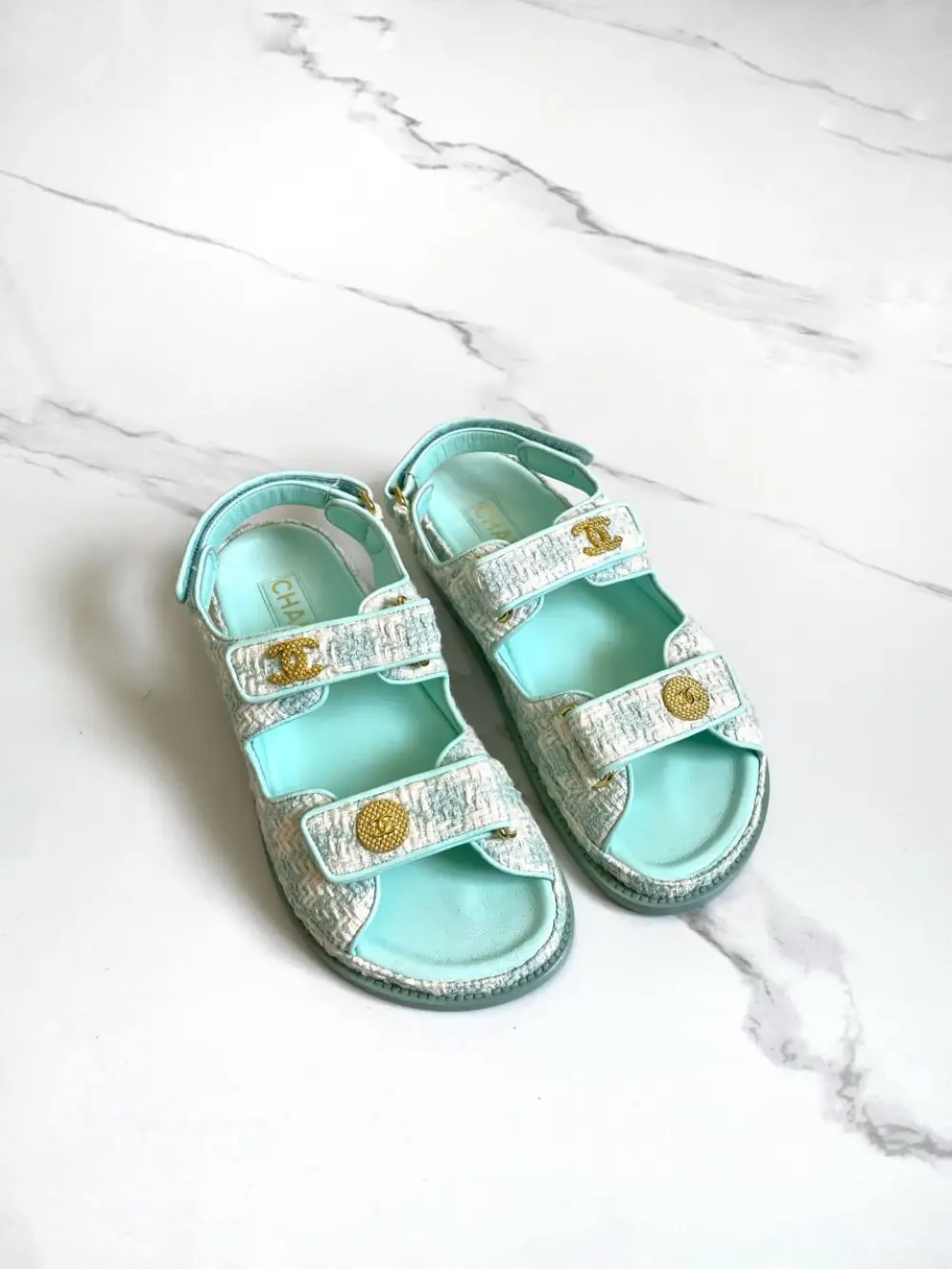 CHANEL KNIT DAD SANDAL LIGHT BLUE ECRU GHW