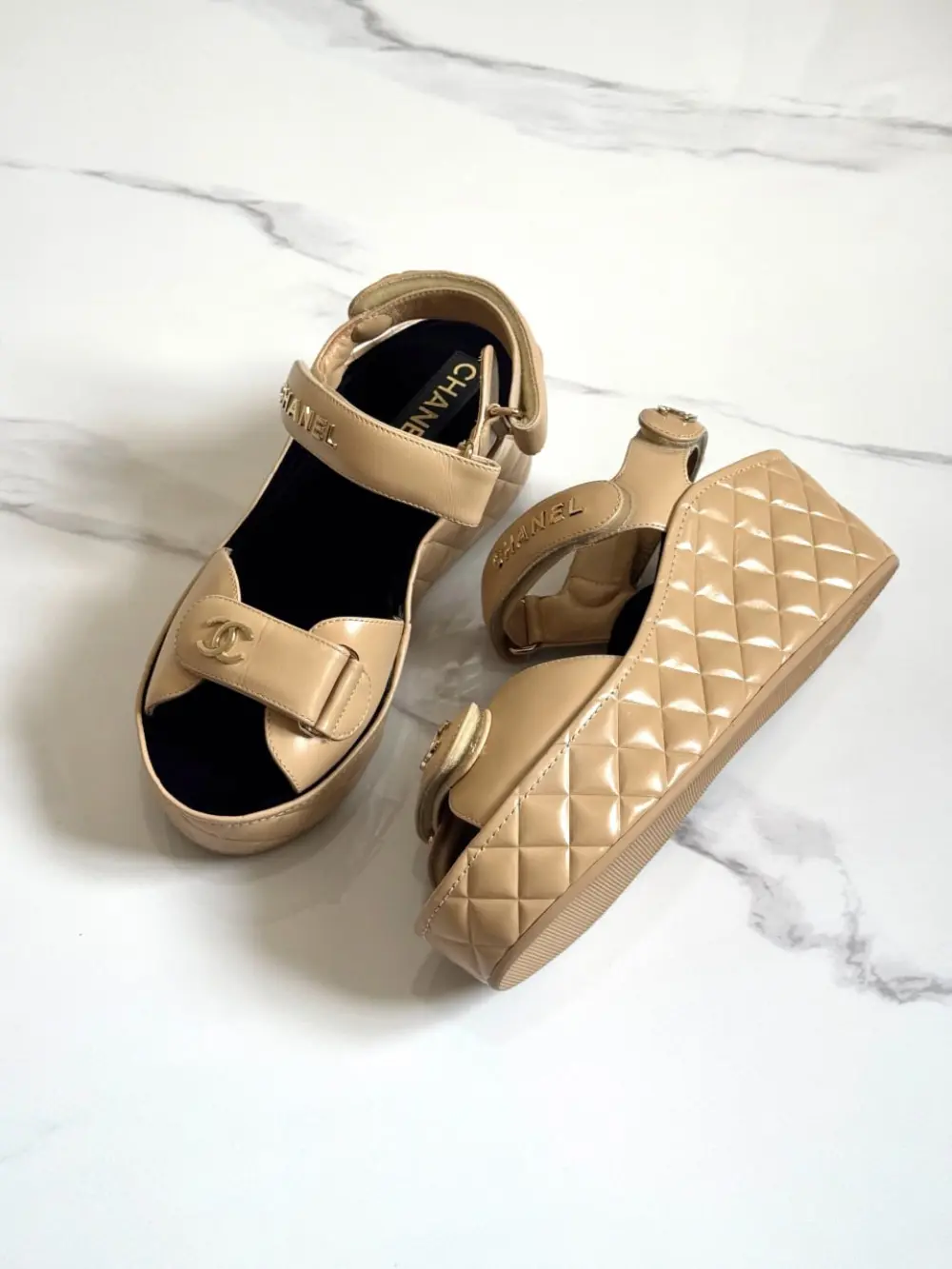 CHANEL DAD WEDGES SANDAL NUDE BEIGE GHW