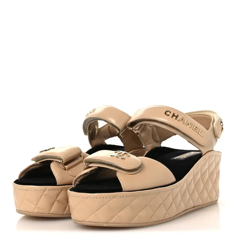 CHANEL DAD WEDGES SANDAL NUDE BEIGE GHW