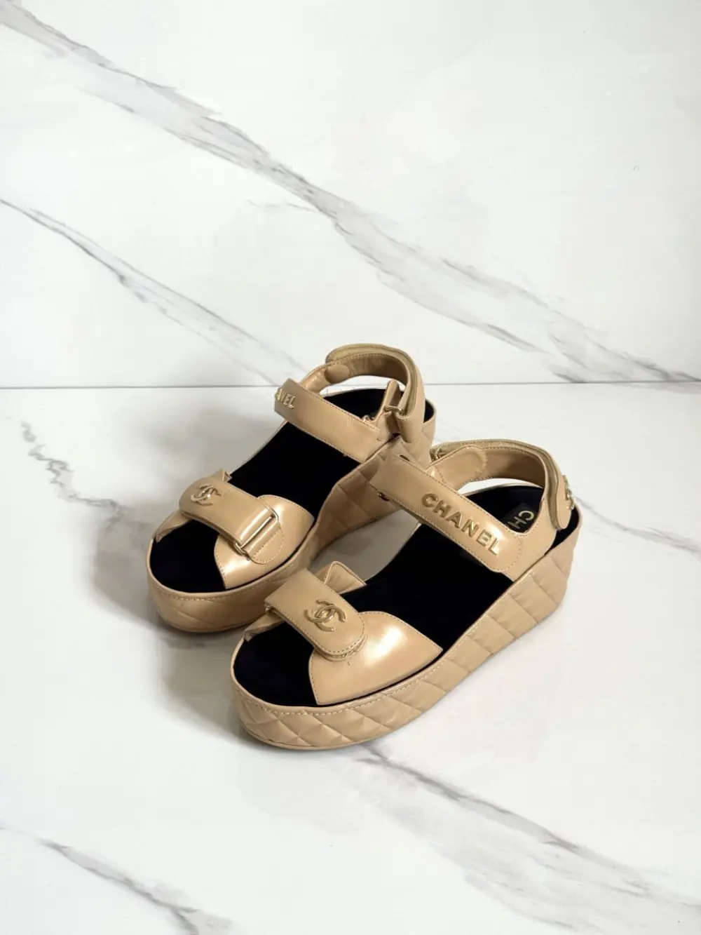 CHANEL DAD WEDGES SANDAL NUDE BEIGE GHW