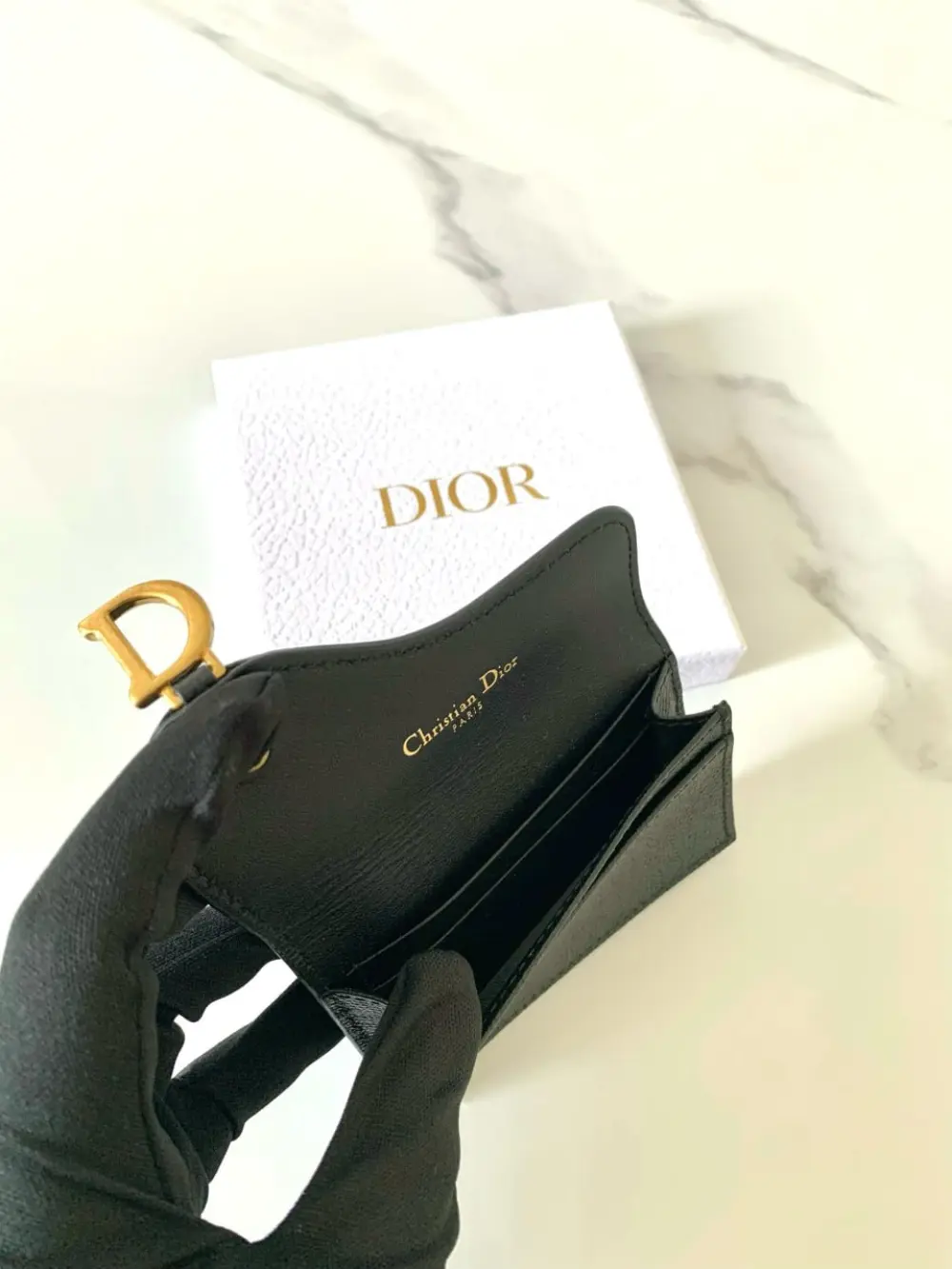 DIOR CARD CASE FLAP SADDLE black grained ghw