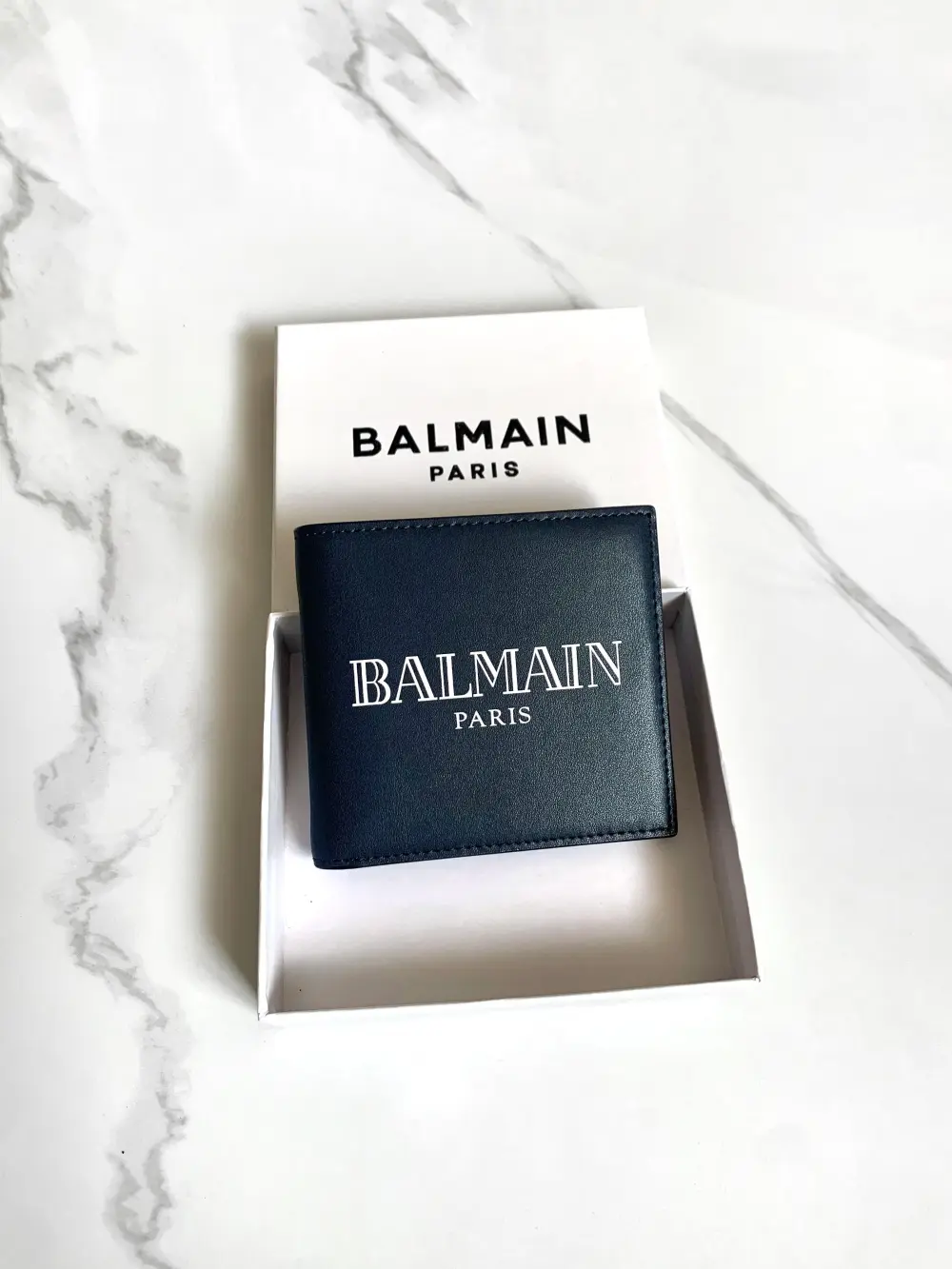 BALMAIN BIFOLD WALLET MEN navy logo white