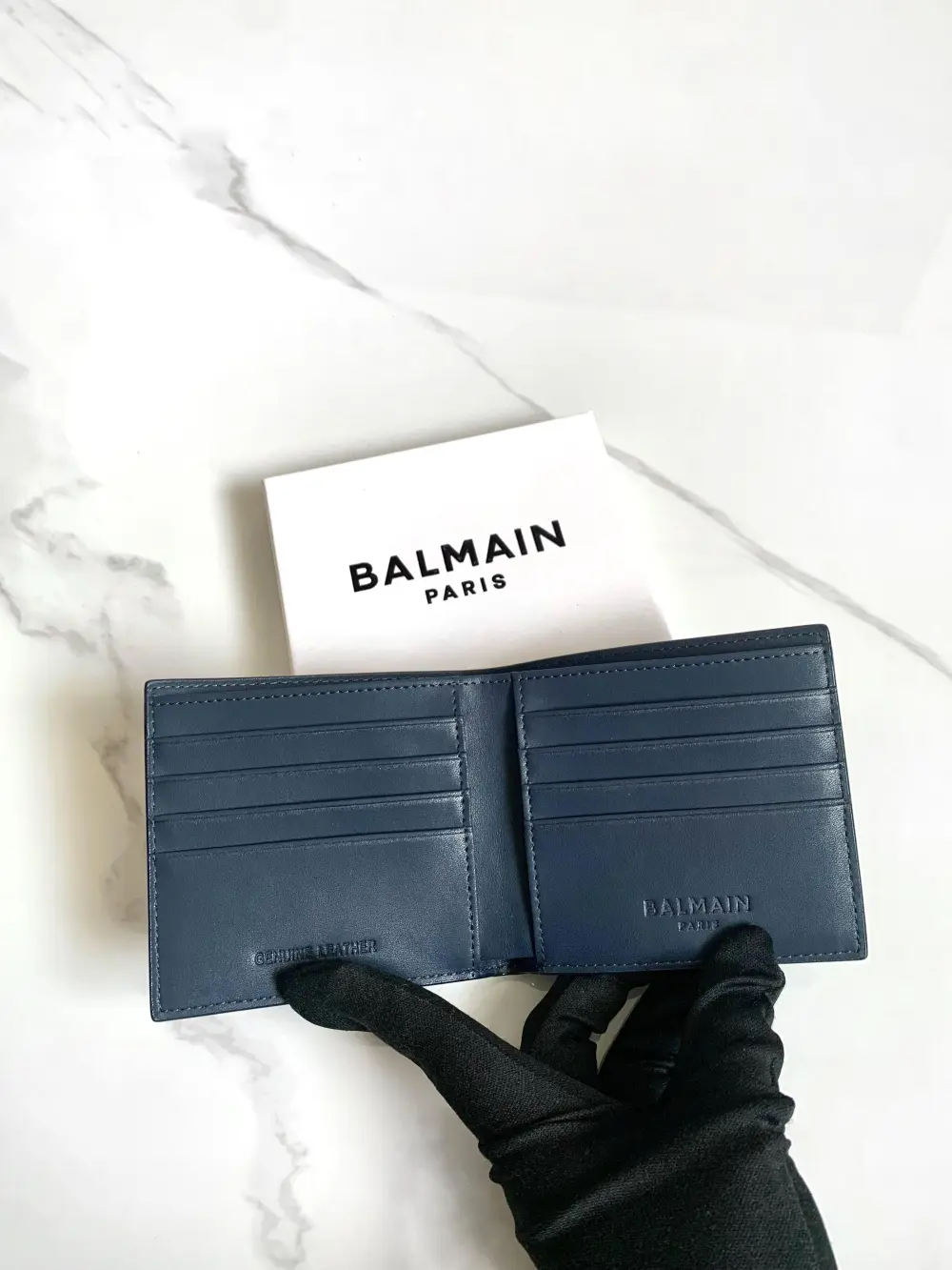 BALMAIN BIFOLD WALLET MEN navy logo white