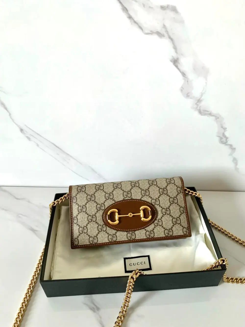 GUCCI HORSEBIT 1995 WOC WALLET ON CHAIN beige ebony brown