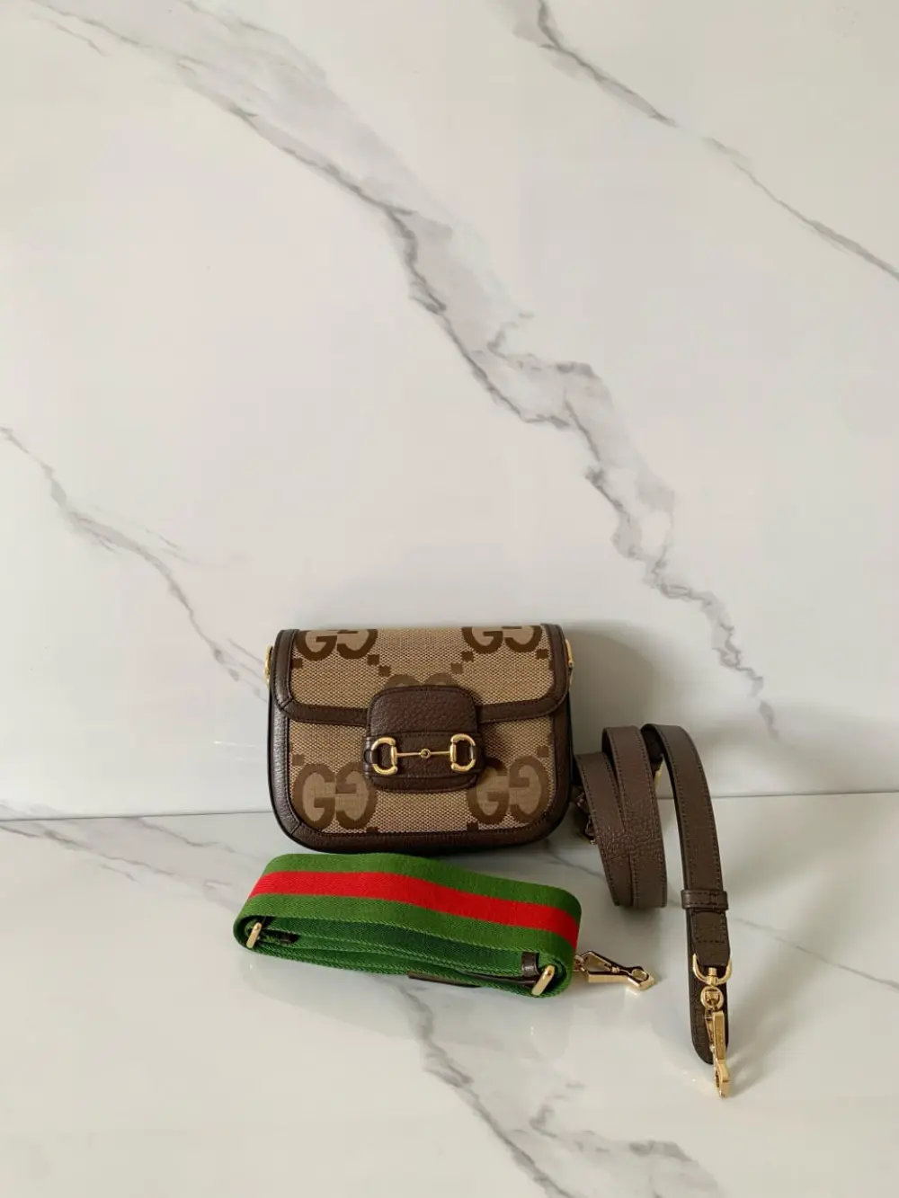 GUCCI MINI HORSEBIT 1955 JUMBO GG SUPREME SHOULDER BAG beige ebony
