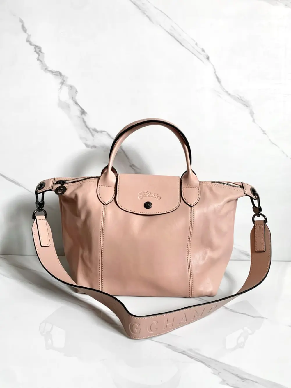 LONGCHAMP LE PLIAGE CUIR TOP HANDLE BAG W/ LINE pink