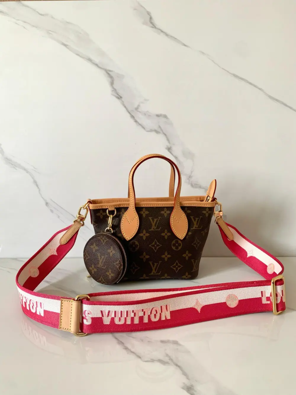 LOUIS VUITTON LV NEVERFULL BB monogram strap pink