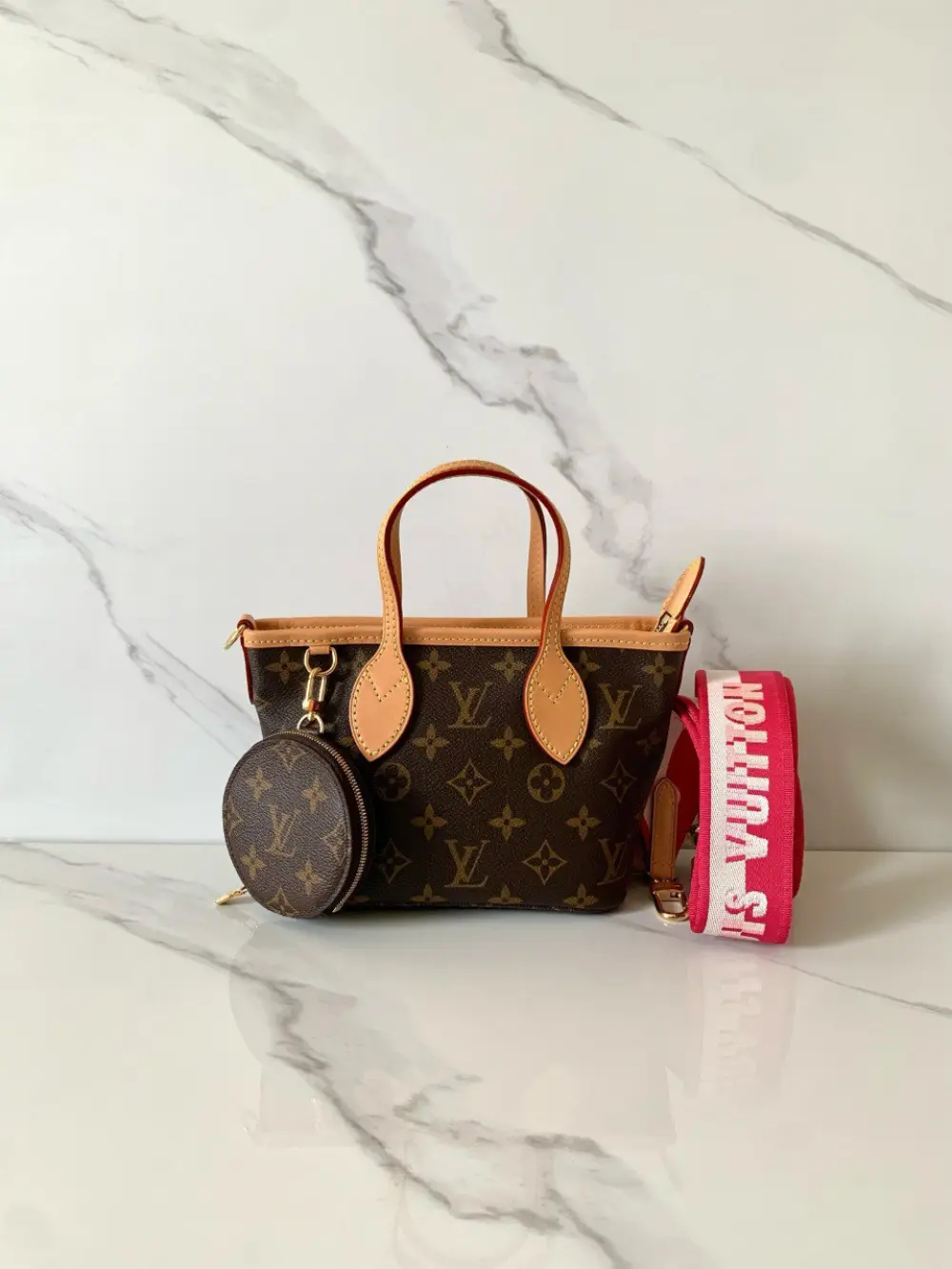 LOUIS VUITTON LV NEVERFULL BB monogram strap pink