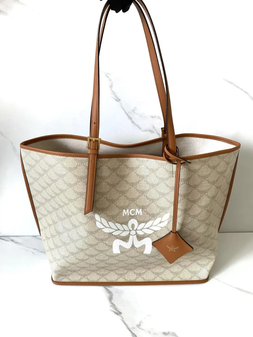 MCM MEDIUM HIMMEL LAURETOS LEATHER TOTE BAG beige oatmeal