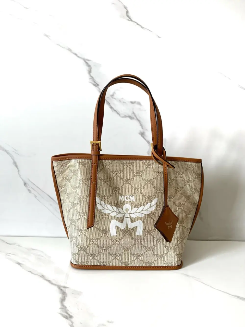 MCM MINI HIMMEL LAURETOS LEATHER TOTE BAG beige oatmeal