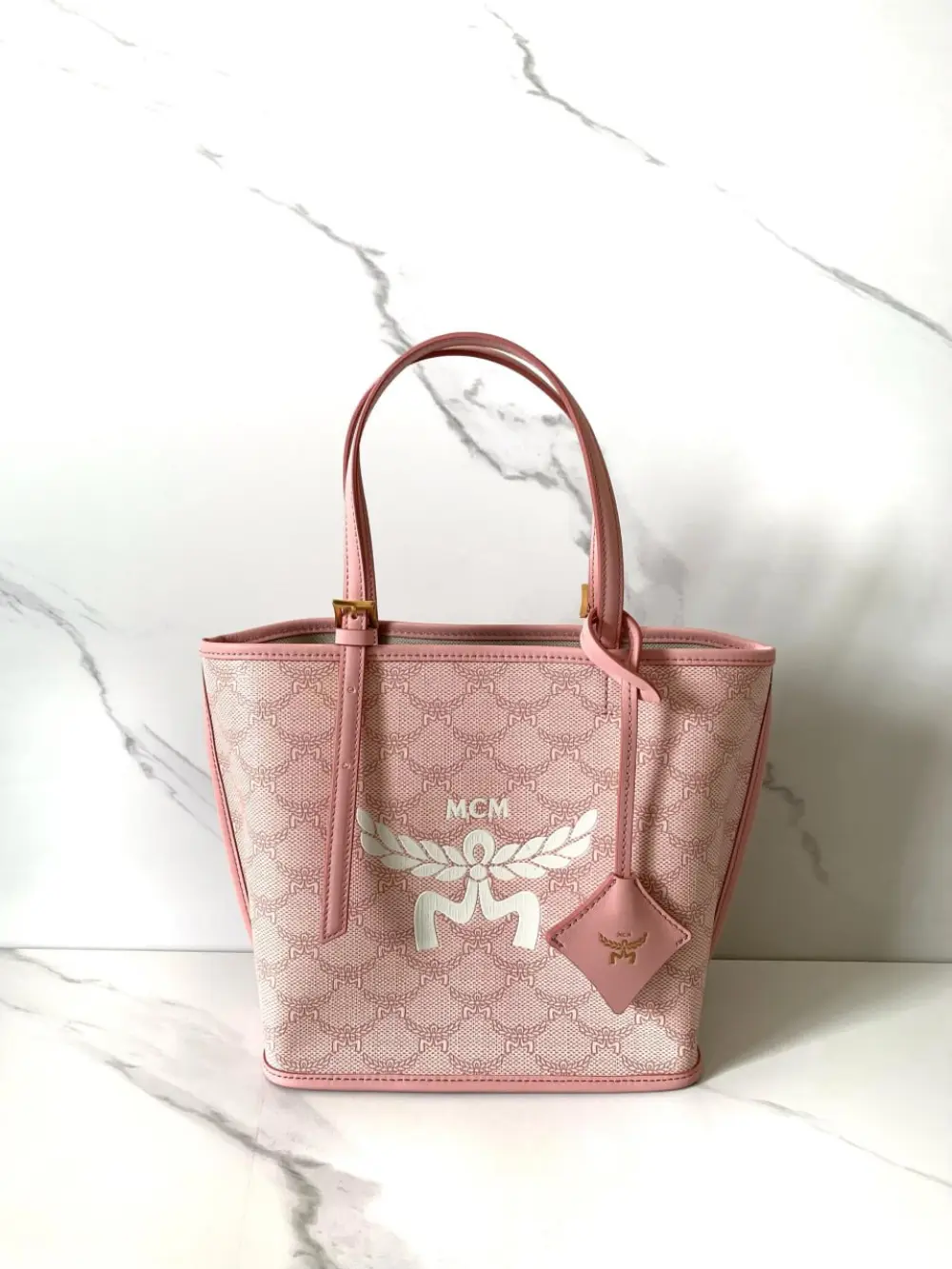 MCM MINI HIMMEL LAURETOS LEATHER TOTE BAG silver pink