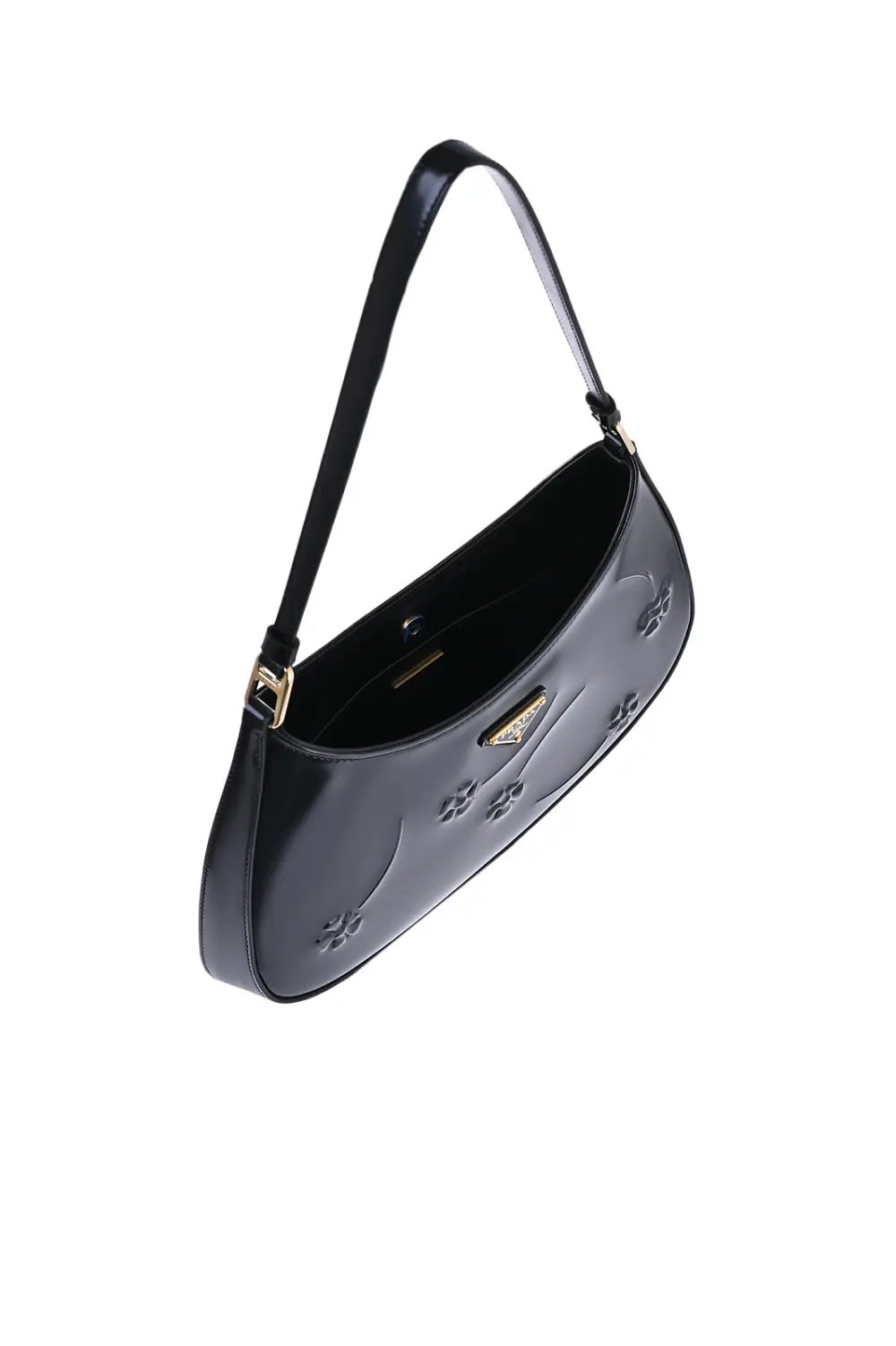PRADA CLEO BRUSHED SHOULDER BAG WITH FLOWER PRINTED black patent ghw