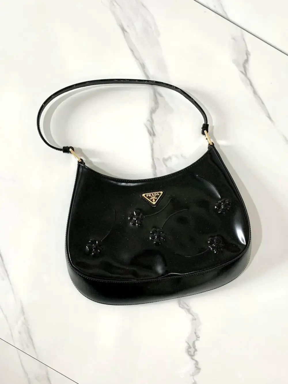 PRADA CLEO BRUSHED SHOULDER BAG WITH FLOWER PRINTED black patent ghw
