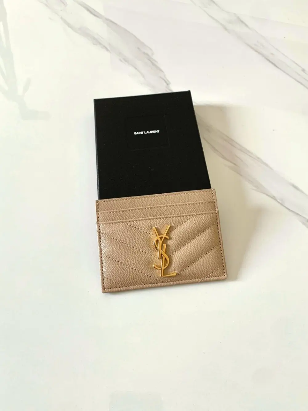 YSL SAINT LAURENT CARD HOLDER dark beige ghw