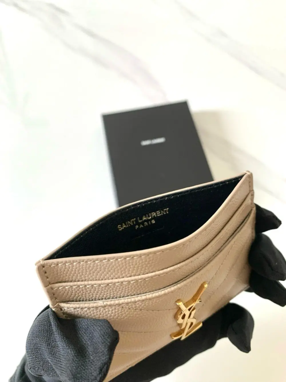 YSL SAINT LAURENT CARD HOLDER dark beige ghw