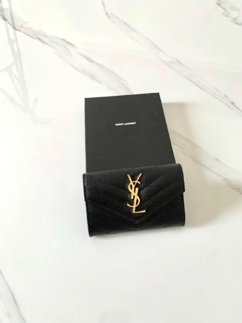 YSL SAINT LAURENT SMALL WALLET ENVELOPE CARD CASE black caviar ghw