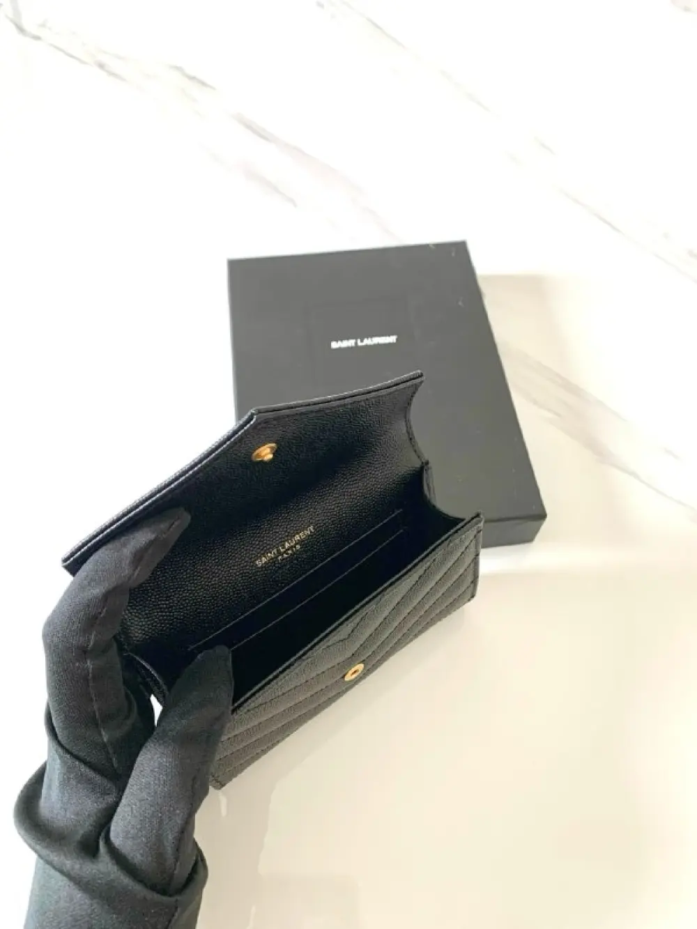 YSL SAINT LAURENT SMALL WALLET ENVELOPE CARD CASE black caviar ghw