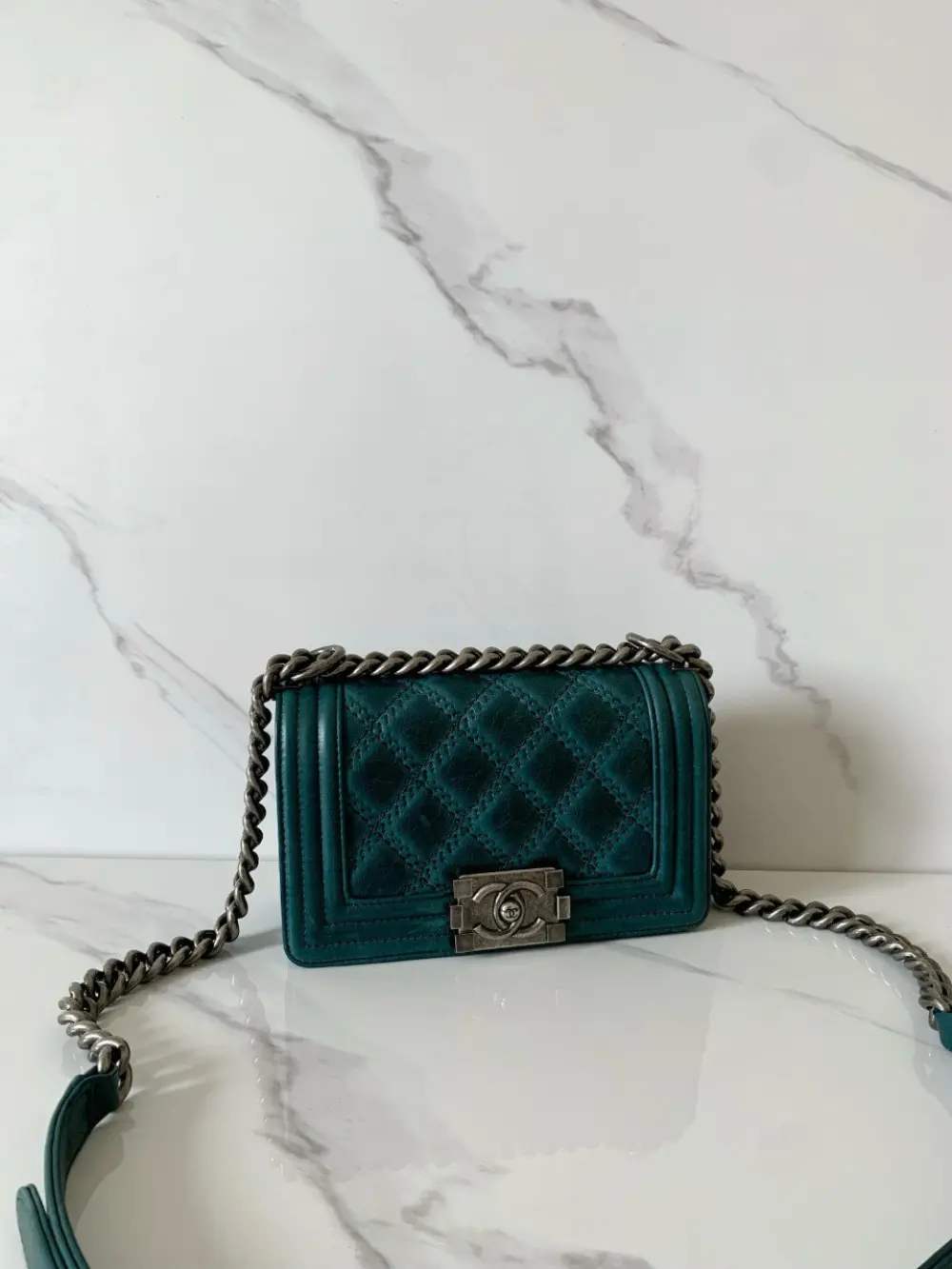 CHANEL BOY 20 MINI BAG (PRELOVED) quilted lambskin green