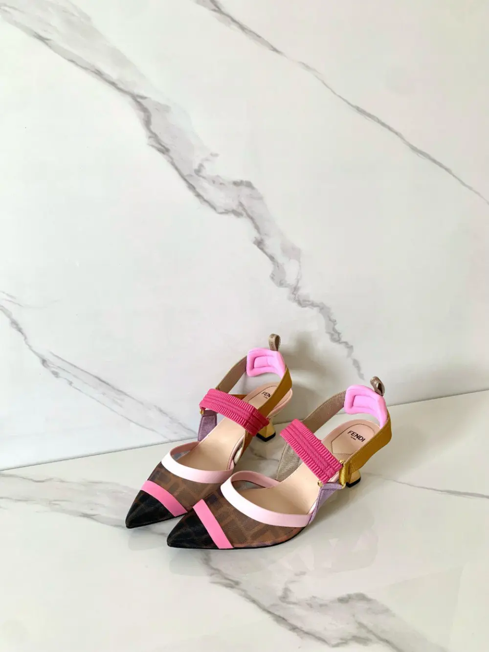 FENDI COLIBRI SLINGBACK 8,5CM BROWN PINK FF LOGO PATTERN