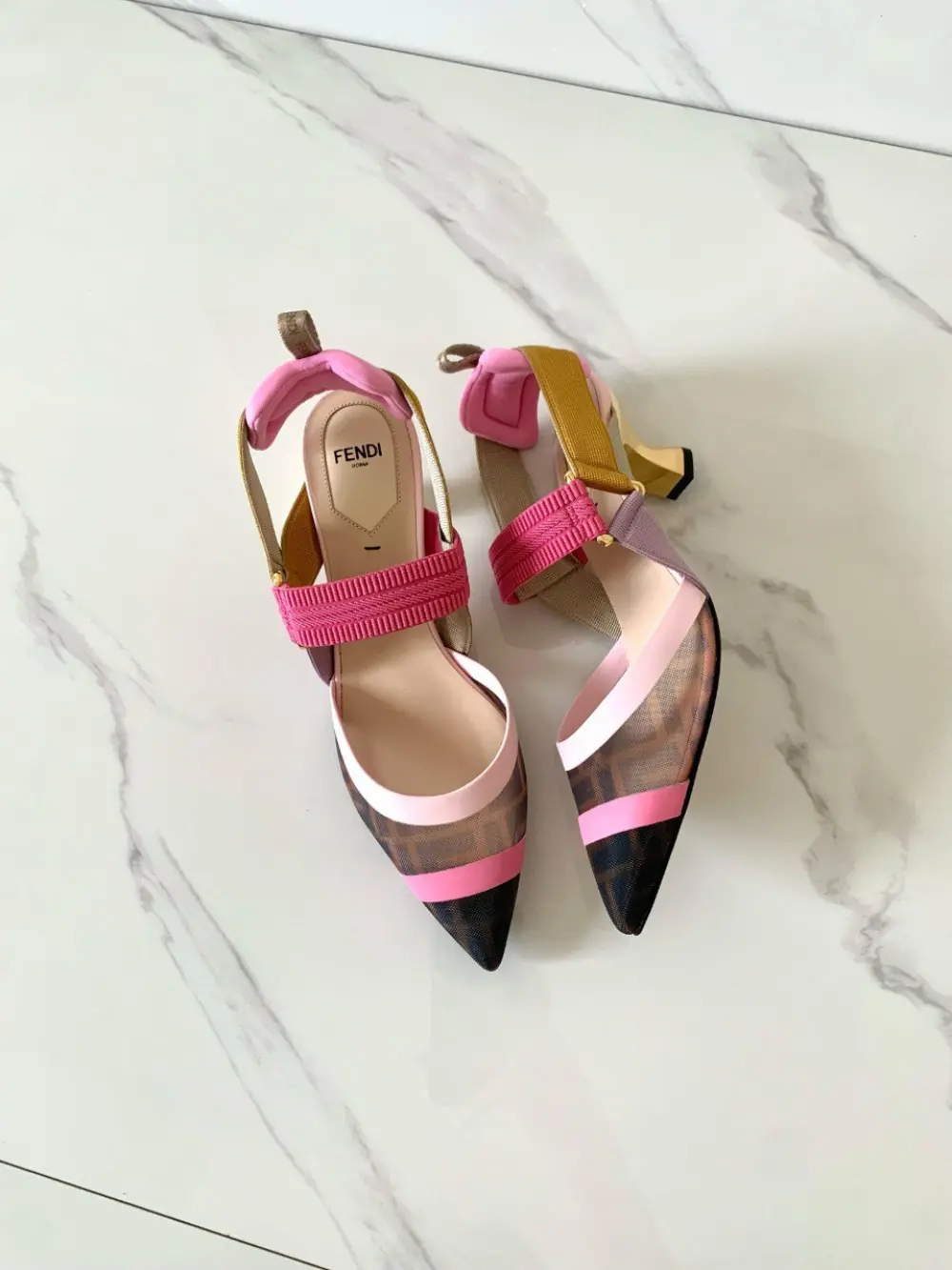 FENDI COLIBRI SLINGBACK 8,5CM BROWN PINK FF LOGO PATTERN