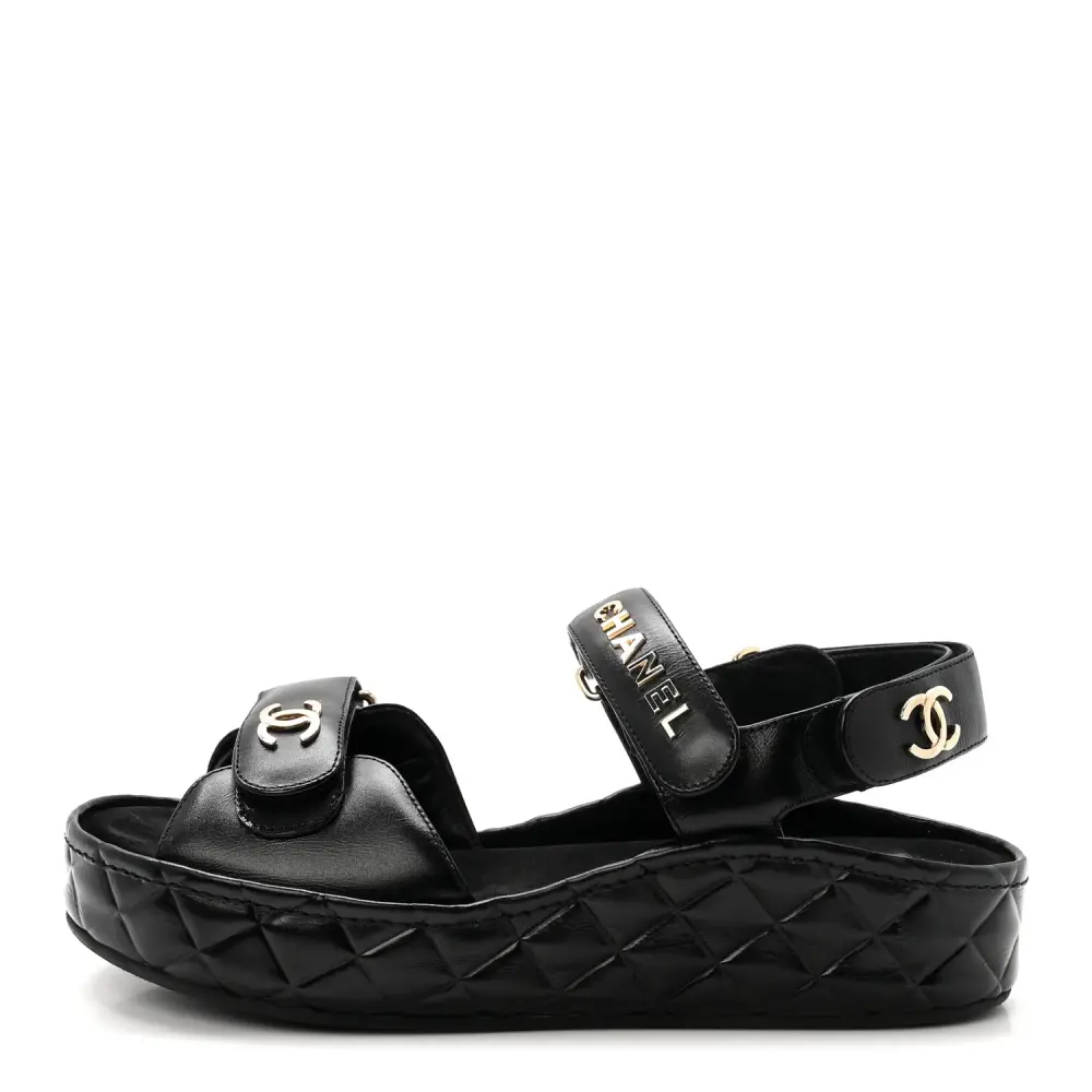 CHANEL DAD WEDGES SANDAL BLACK QUILTED