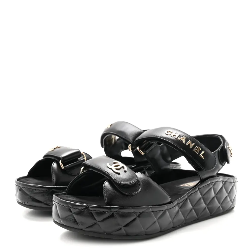 CHANEL DAD WEDGES SANDAL BLACK QUILTED