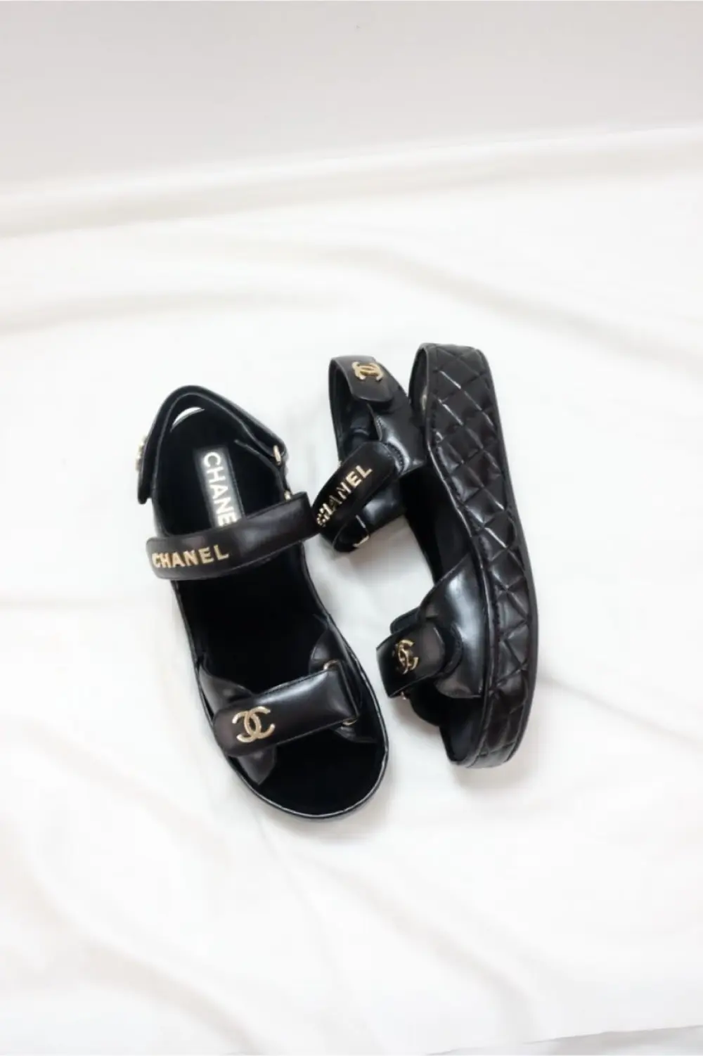 CHANEL DAD WEDGES SANDAL BLACK QUILTED