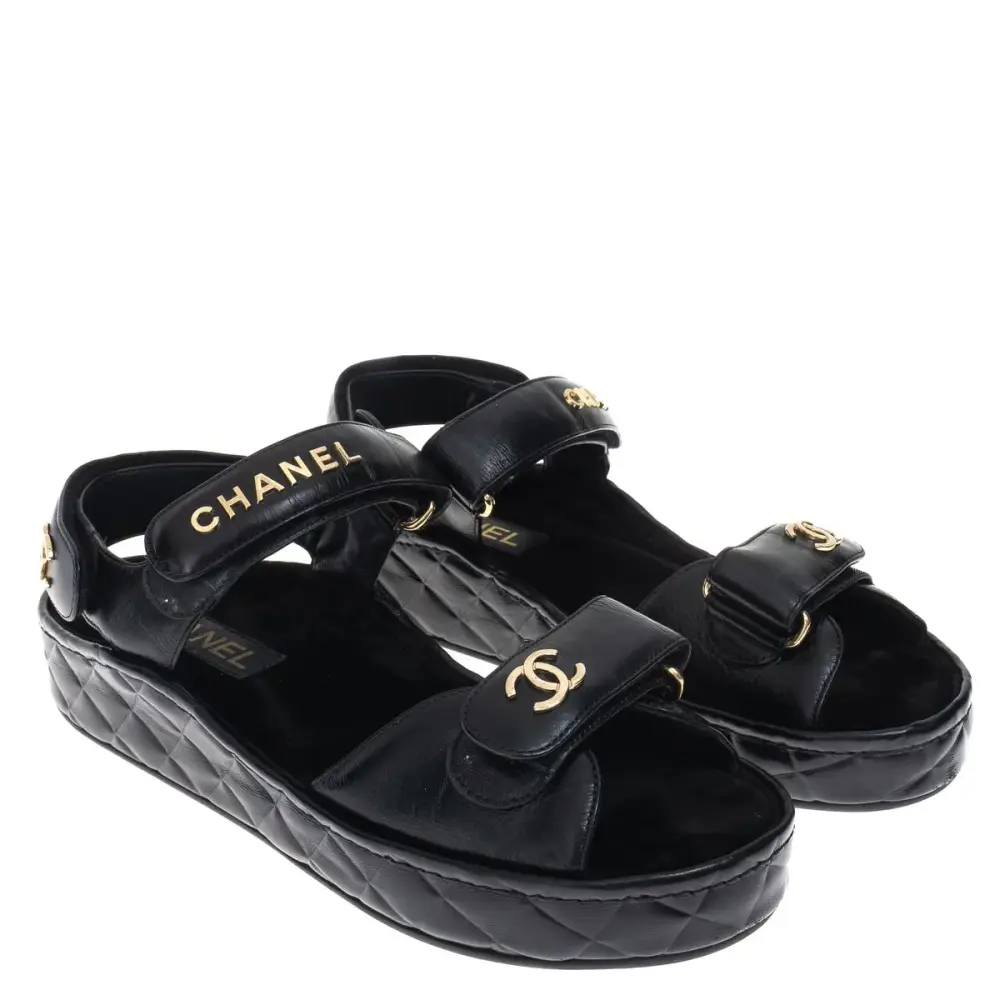 CHANEL DAD WEDGES SANDAL BLACK QUILTED