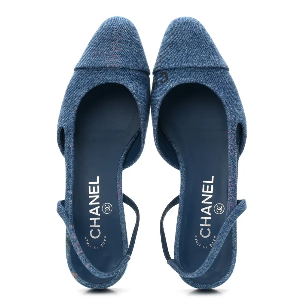 CHANEL FLAT SLINGBACK denim logo