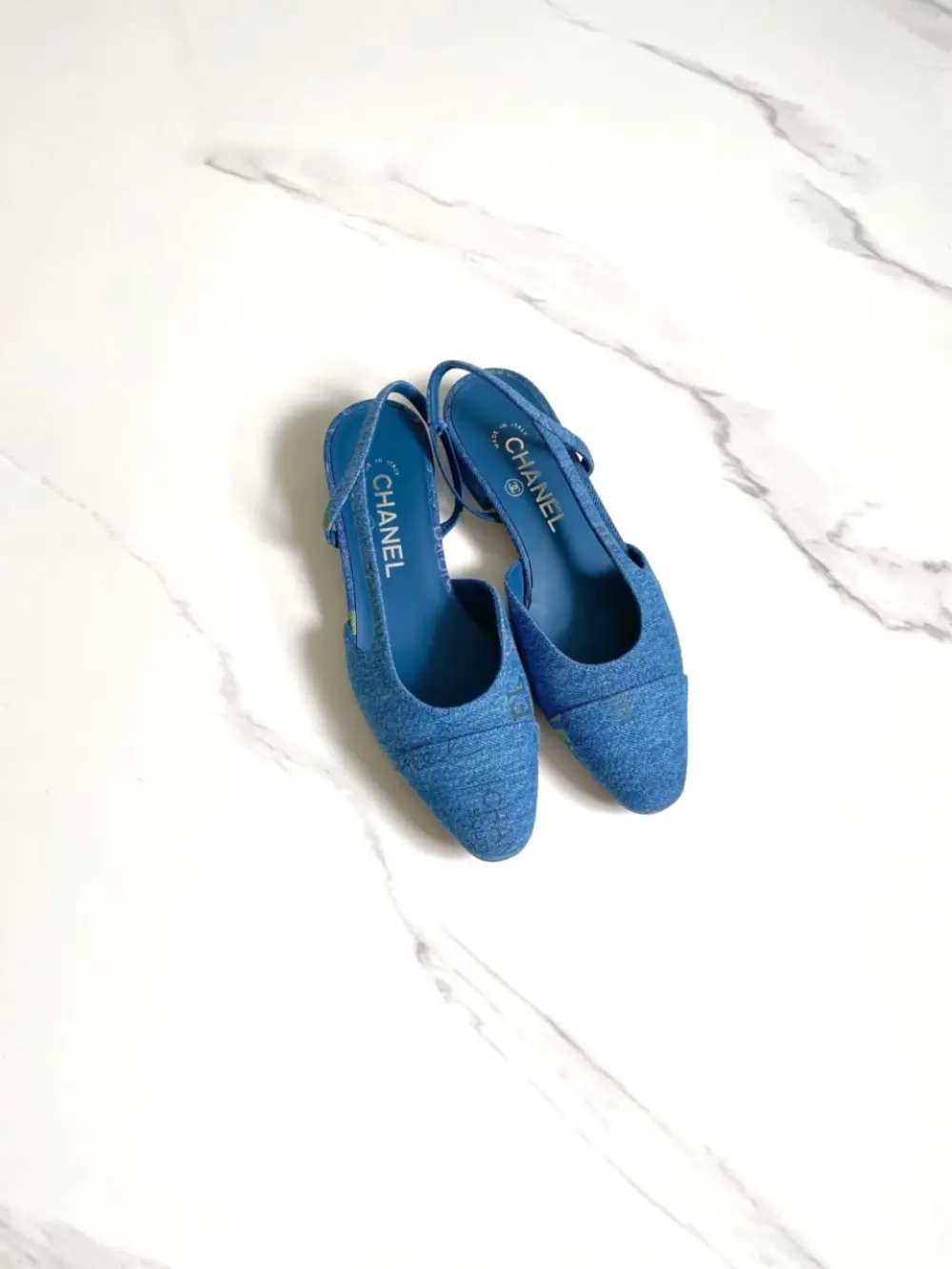 CHANEL FLAT SLINGBACK denim logo