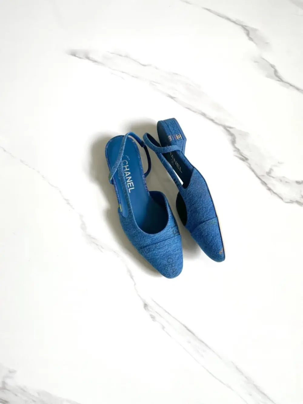 CHANEL FLAT SLINGBACK denim logo