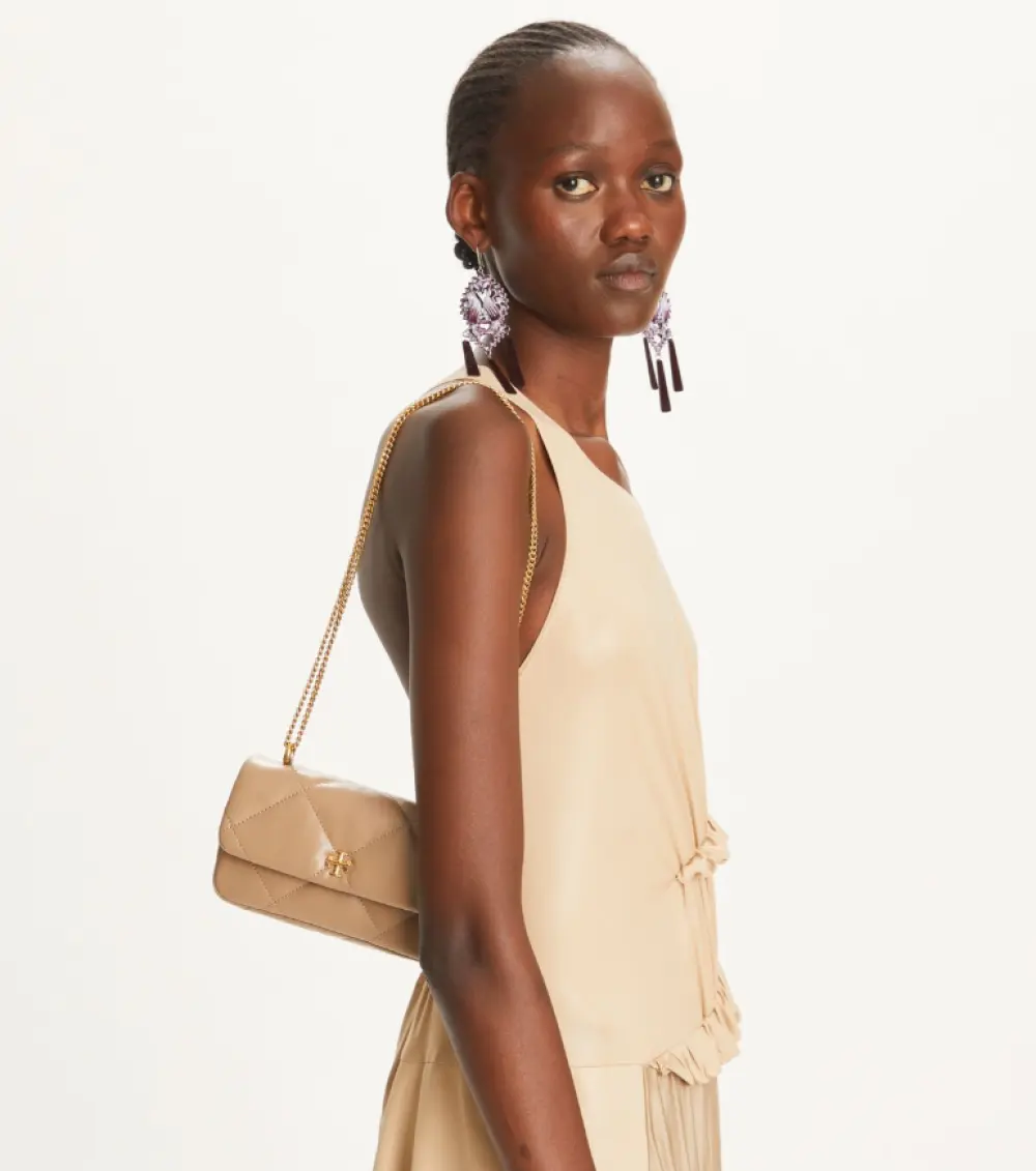 TORY BURCH KIRA DIAMOND QUILT MINI FLAP BAG TAUPE OAK