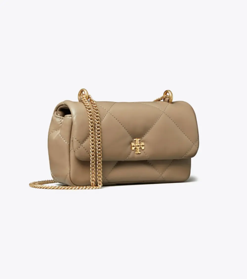 TORY BURCH KIRA DIAMOND QUILT MINI FLAP BAG TAUPE OAK