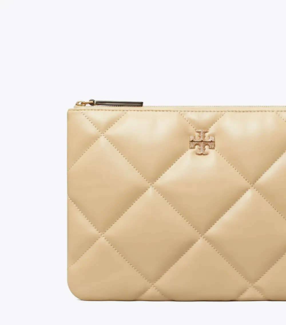 TORY BURCH KIRA PAVE LOGO DIAMOND QUILT POUCH VANILLA SOFT SERVE