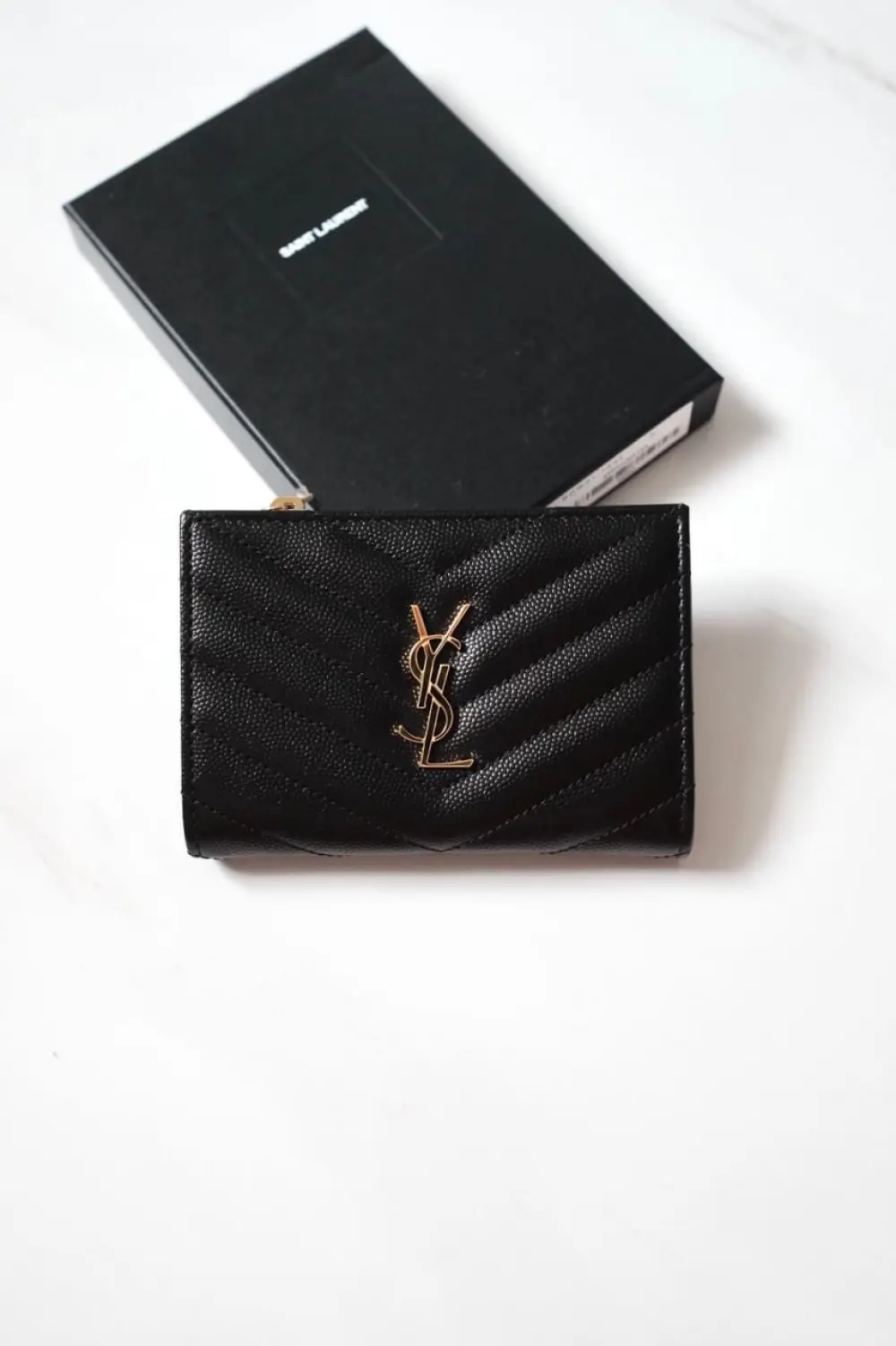 YSL SAINT LAURENT BIFOLD COMPACT WALLET WITH ZIP COIN (BESAR) BLACK CAVIAR GHW
