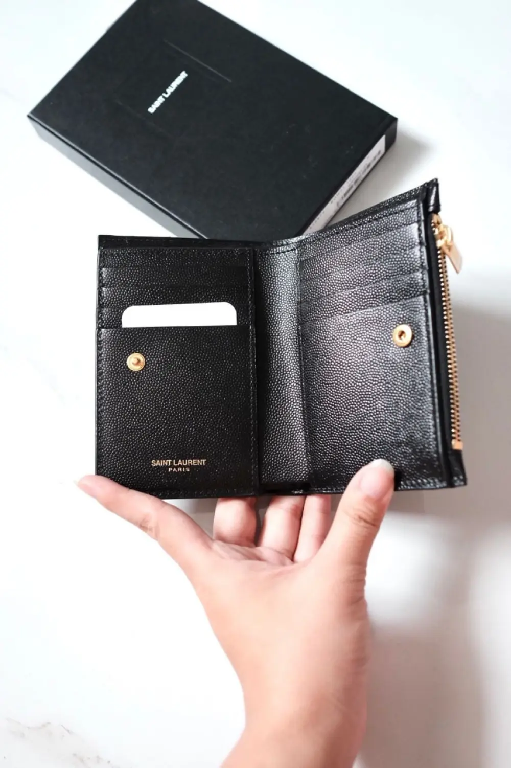 YSL SAINT LAURENT BIFOLD COMPACT WALLET WITH ZIP COIN (BESAR) BLACK CAVIAR GHW