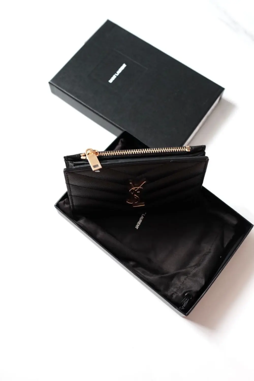 YSL SAINT LAURENT BIFOLD COMPACT WALLET WITH ZIP COIN (BESAR) BLACK CAVIAR GHW