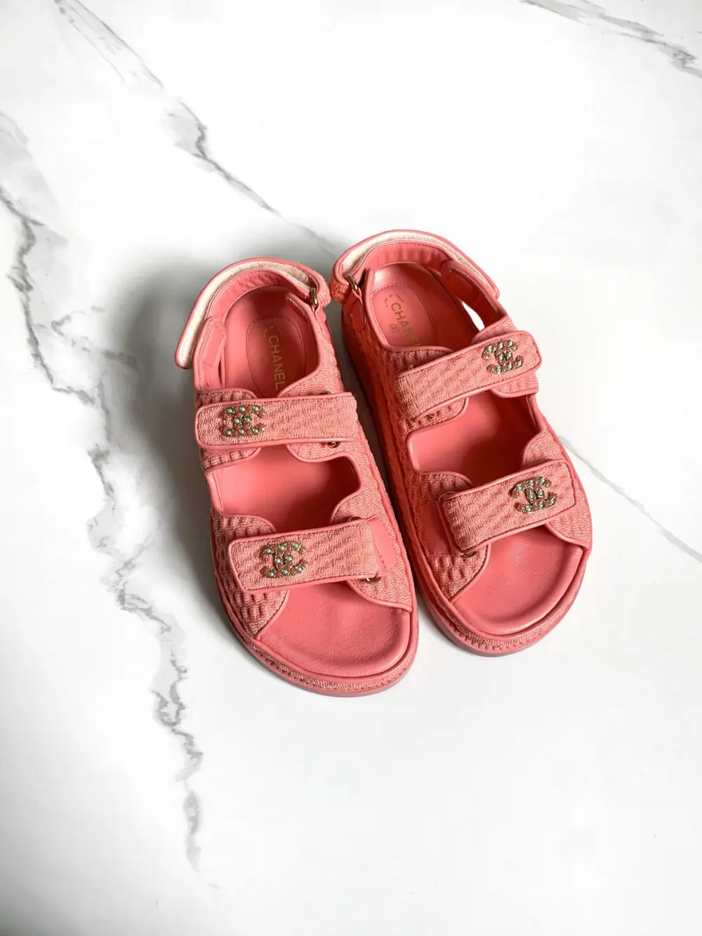 CHANEL KNIT DAD SANDAL pink fabric