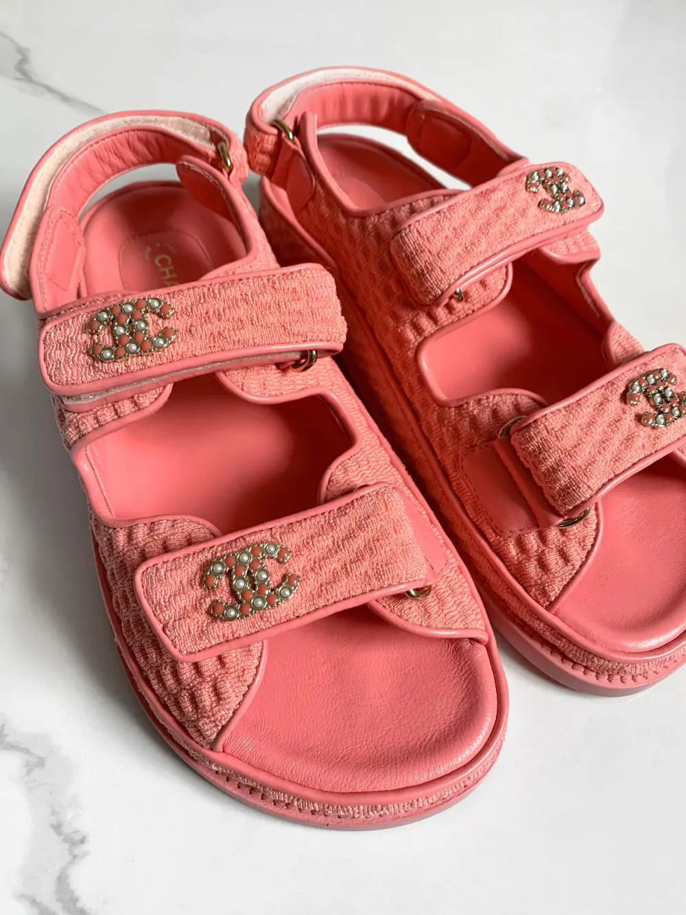 CHANEL KNIT DAD SANDAL pink fabric