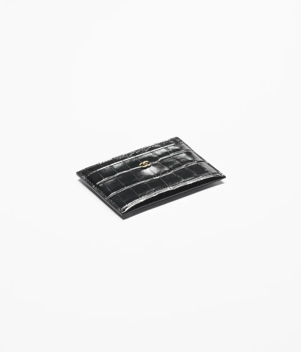 CHANEL CARD HOLDER CROCO EMBOSSED CALFSKIN BLACK GHW