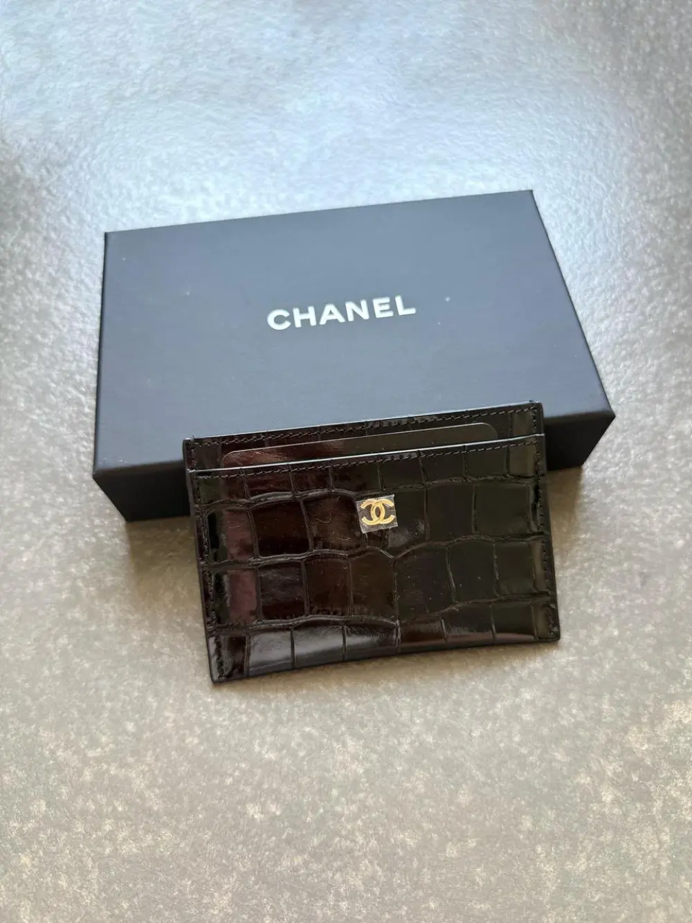 CHANEL CARD HOLDER CROCO EMBOSSED CALFSKIN BLACK GHW