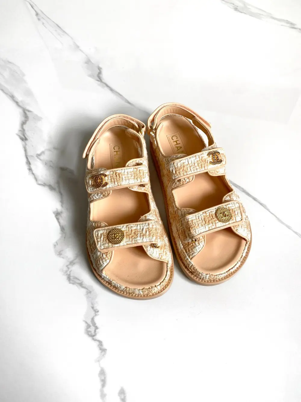 CHANEL KNIT DAD SANDAL cream peach pink ghw